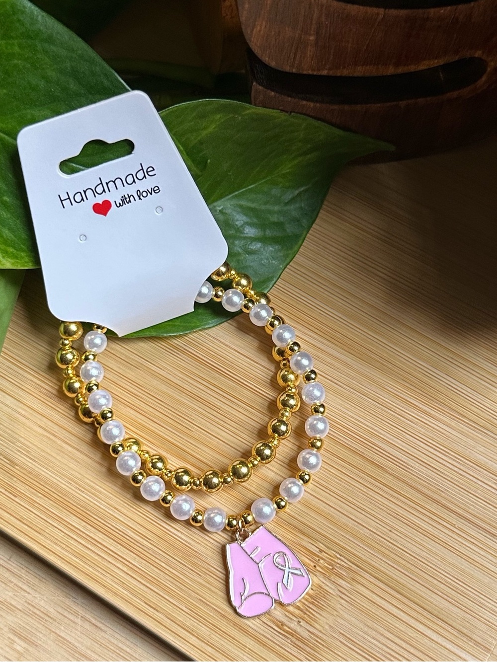 🎀Breast Cancer Awareness 2-PC Stretchy‎ Bracelet Set | Handmade |Dangle Charm🎀
